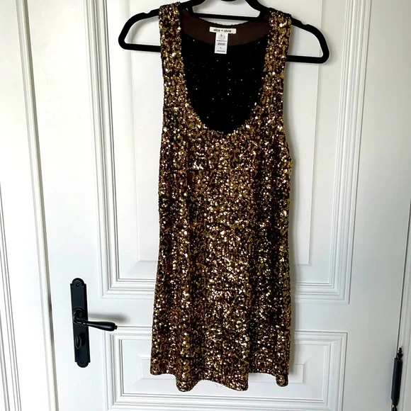 knee length dresses for ladies ALICE + OLIVIA Bronze Sequin Crew Neck Mini Dress – The Untitled Boutique main image 1